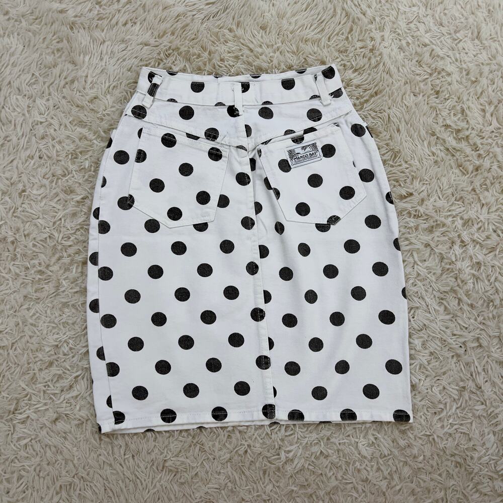 Vintage 1990s Mango Bay White Polka Dot Denim Mini Skirt 23" Waist - Picture 2 of 5